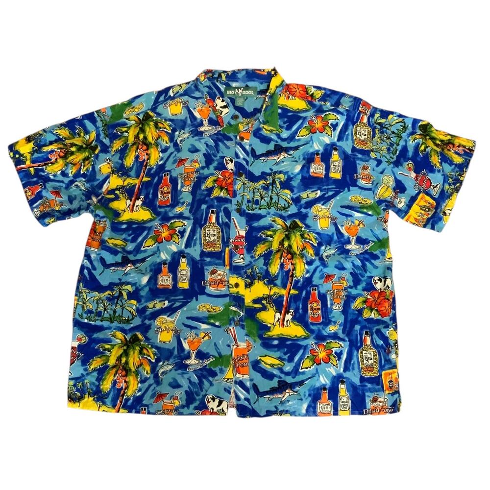 Big Dogs Retro Hawaiian Shirt 3X Blue Tropical Cocktails Island Beach Button Big